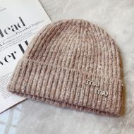Miu Miu Knitted Hat With Strass Logo Patch In Wool Brown