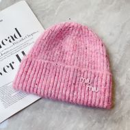 Miu Miu Knitted Hat With Strass Logo Patch In Wool Pink