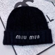 Miu Miu Knitted Hat With Strass Logo In Wool Black