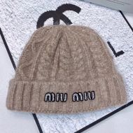 Miu Miu Knitted Hat With Strass Logo In Wool Brown