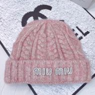 Miu Miu Knitted Hat With Strass Logo In Wool Pink