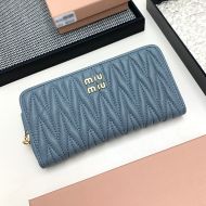 Miu Miu Large Zipper Bifold Wallet In Matelasse Nappa Leather Navy Blue