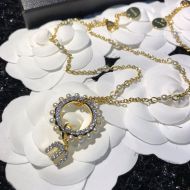 Miu Miu Necklace With Strass Pearl Hoop Logo Pendant In Metal Gold