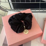 Miu Miu Scrunchie With Cut-Out Logo Pendant In Satin Black