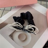 Miu Miu Scrunchie With Monogram Strap Pearls Chain In Satin Black
