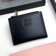 Miu Miu Small Zipper Bifold Wallet With Varnished Metal Lettering Logo In Lambskin Black