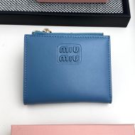 Miu Miu Small Zipper Bifold Wallet With Varnished Metal Lettering Logo In Lambskin Navy Blue
