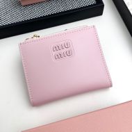 Miu Miu Small Zipper Bifold Wallet With Varnished Metal Lettering Logo In Lambskin Pink