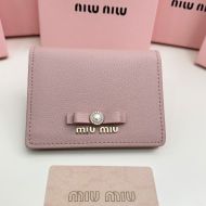 Miu Miu Small Bow Bifold Wallet With Pearls And Crystals In Madras Leather Pink