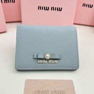 Miu Miu Small Bow Bifold Wallet With Pearls And Crystals In Madras Leather Sky Blue