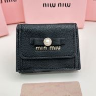 Miu Miu Small Bow Trifold Wallet With Pearls And Crystals In Madras Leather Black