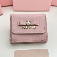 Miu Miu Small Bow Trifold Wallet With Pearls And Crystals In Madras Leather Pink