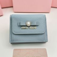 Miu Miu Small Bow Trifold Wallet With Pearls And Crystals In Madras Leather Sky Blue