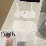 Miu Miu Swimsuit With Strass Logo Patch Women Cotton White