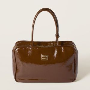 Miu Miu 5BB117 Large Beau Bag In Naplak Patent Leather Coffee