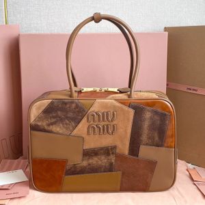 Miu Miu 5BB117 Large Beau Bag In Patchwork Leather Brown