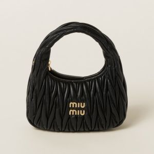Miu Miu 5BC125 Small Wander Hobo Bag In Matelasse Nappa Leather Black