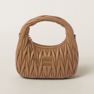 Miu Miu 5BC125 Small Wander Hobo Bag In Matelasse Nappa Leather Brown