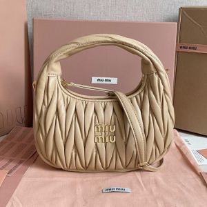 Miu Miu 5BC125 Small Wander Hobo Bag In Matelasse Nappa Leather Khaki