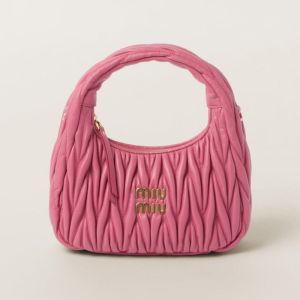 Miu Miu 5BC125 Small Wander Hobo Bag In Matelasse Nappa Leather Rose