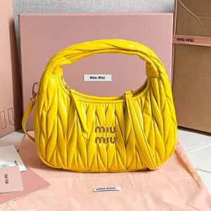 Miu Miu 5BC125 Small Wander Hobo Bag In Matelasse Nappa Leather Yellow