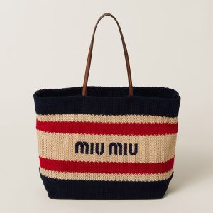 Miu Miu 5BG228 Tote Bag In Stripe Woven Fabric Navy Blue