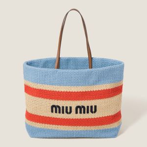 Miu Miu 5BG228 Tote Bag In Stripe Woven Fabric Sky Blue