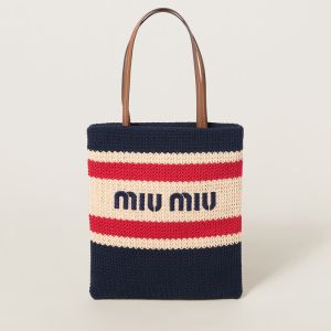 Miu Miu 5BG248 Tote Bag In Stripe Crochet Navy Blue