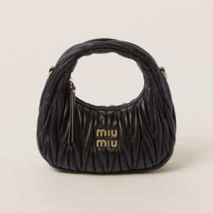 Miu Miu 5BP078 Mini Wander Hobo Bag In Matelasse Nappa Leather Black