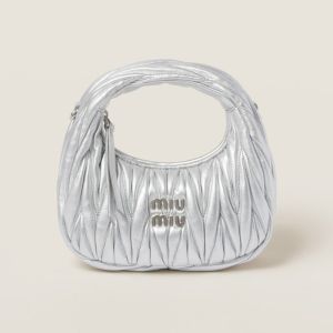 Miu Miu 5BP078 Mini Wander Hobo Bag In Matelasse Nappa Leather Silver