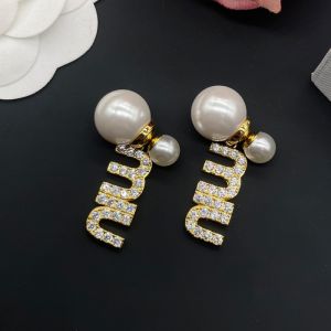 Miu Miu Earrings With Pearl Strass Logo Pendant In Metal Gold