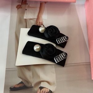 Miu Miu Hair Clips With Enamel Logo Rose Pearl In Cotton And Metal Black