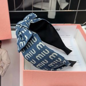 Miu Miu Headband With Monogram Bowknot In Denim Blue