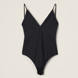 Miu Miu MCO232 One-Piece Swimsuit With Metal Logo Women Lycra Black