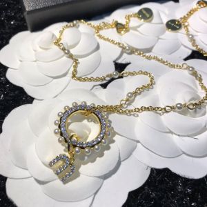 Miu Miu Necklace With Strass Pearl Hoop Logo Pendant In Metal Gold
