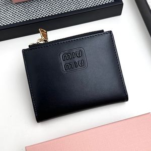 Miu Miu Small Zipper Bifold Wallet With Varnished Metal Lettering Logo In Lambskin Black