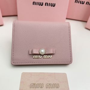 Miu Miu Small Bow Bifold Wallet With Pearls And Crystals In Madras Leather Pink