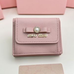 Miu Miu Small Bow Trifold Wallet With Pearls And Crystals In Madras Leather Pink