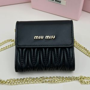 Miu Miu Small Flap Trifold Wallet In Matelasse Nappa Leather Black