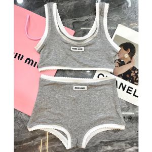 Miu Miu Swimsuit With Logo Patch Ribbed Women Cotton Grey